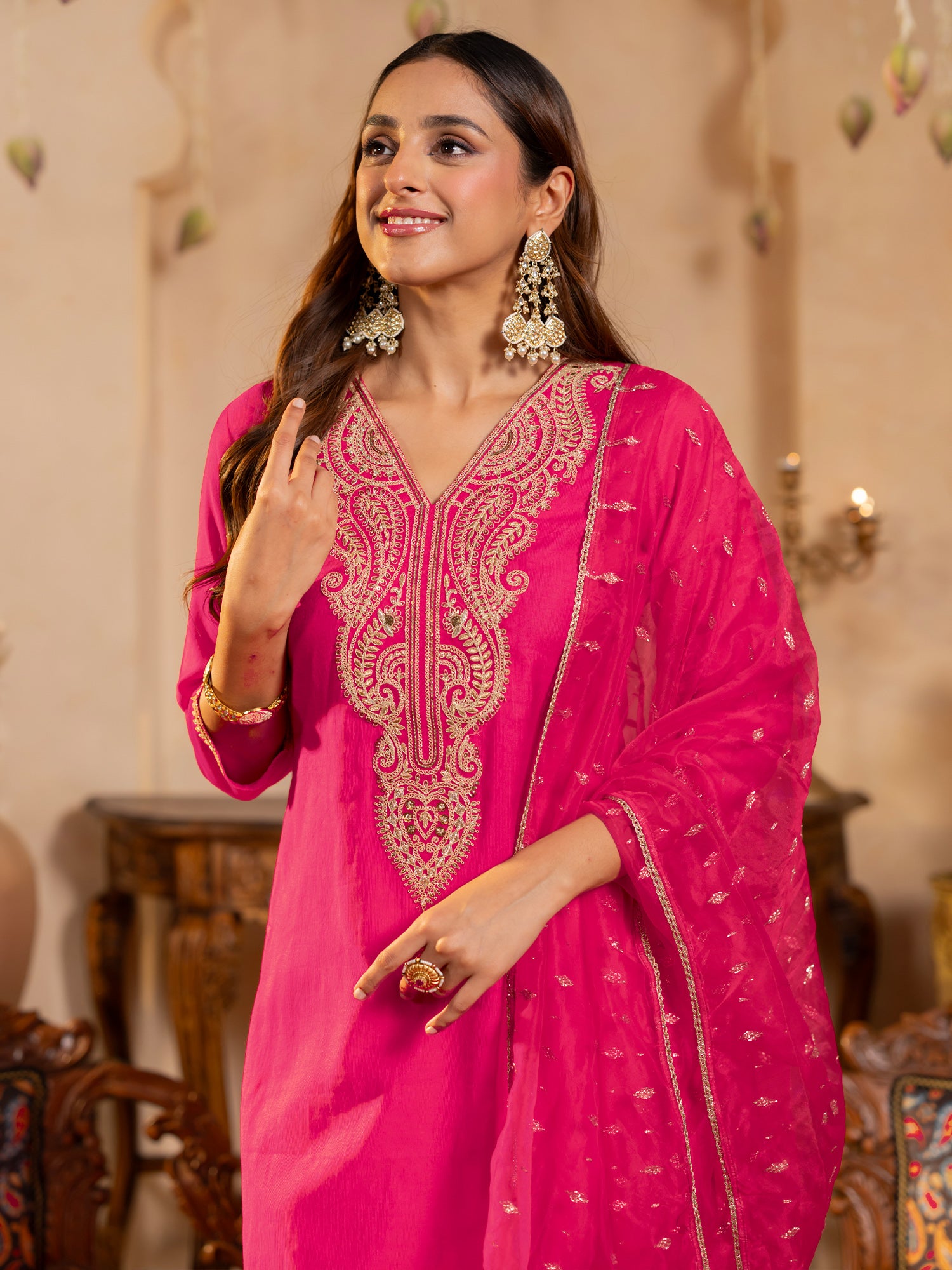 Pink Embroidered Straight Kurta Trousers With Dupatta Set