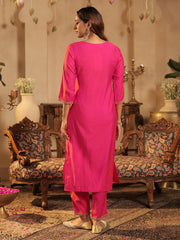 Pink Embroidered Straight Kurta Trousers With Dupatta Set