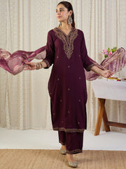 Maroon Embroidered Straight Kurta Palazzos With Dupatta set