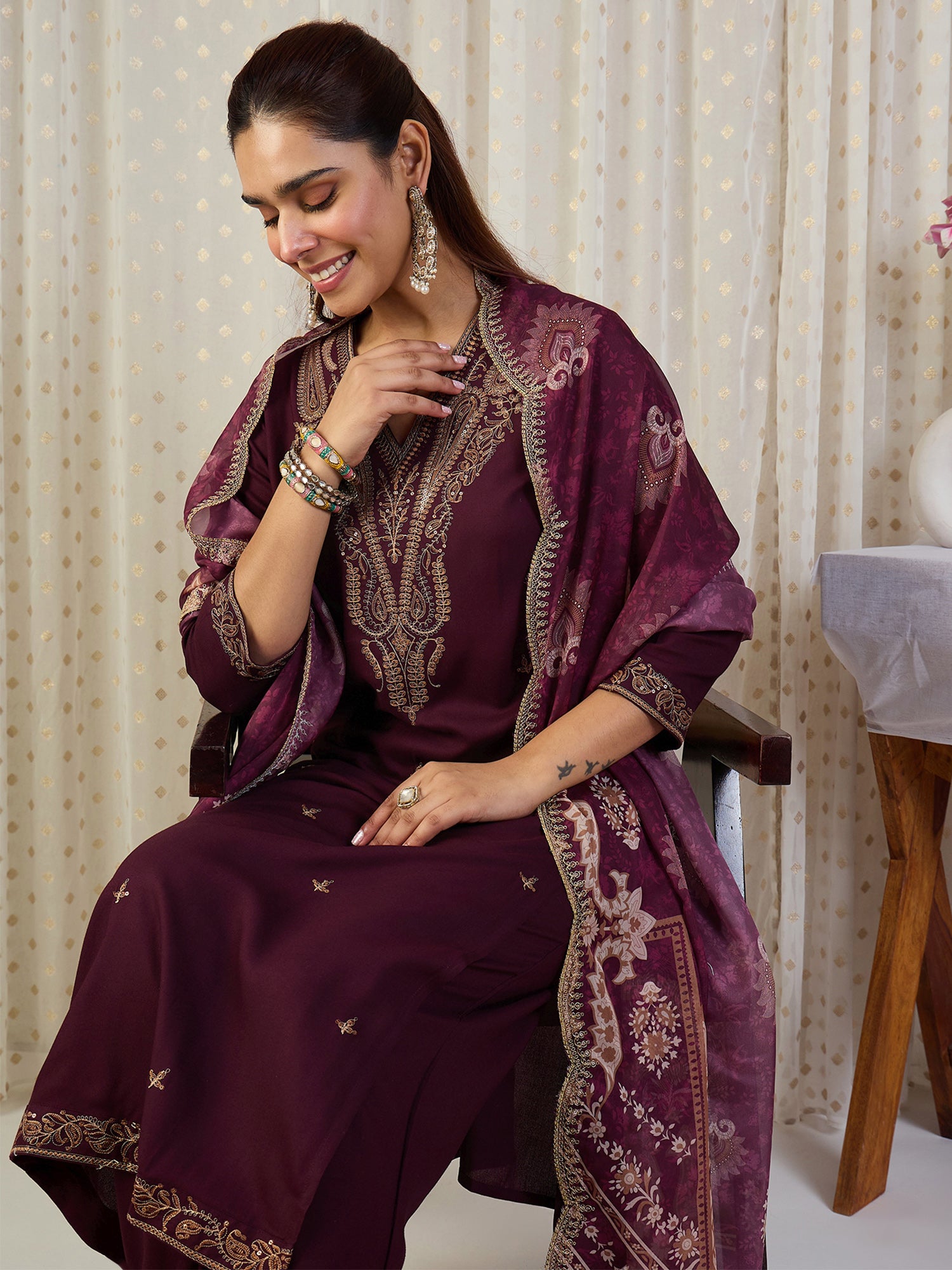 Maroon Embroidered Straight Kurta Palazzos With Dupatta set