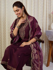 Maroon Embroidered Straight Kurta Palazzos With Dupatta set
