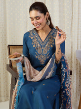 Blue Embroidered Straight Kurta Palazzos With Dupatta set