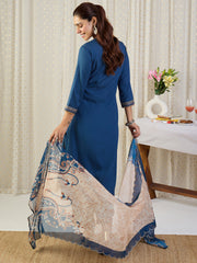 Blue Embroidered Straight Kurta Palazzos With Dupatta set