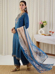 Blue Embroidered Straight Kurta Palazzos With Dupatta set