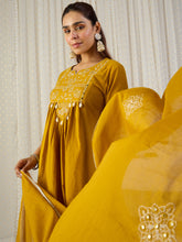 Yellow Embroidered A-Line Kurta Palazzos With Dupatta set
