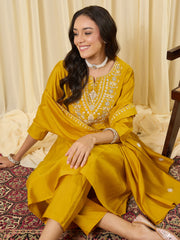 Yellow Embroidered A-Line Kurta Trousers With Dupatta Set