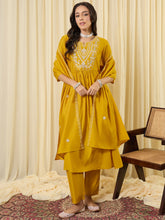Yellow Embroidered A-Line Kurta Trousers With Dupatta Set