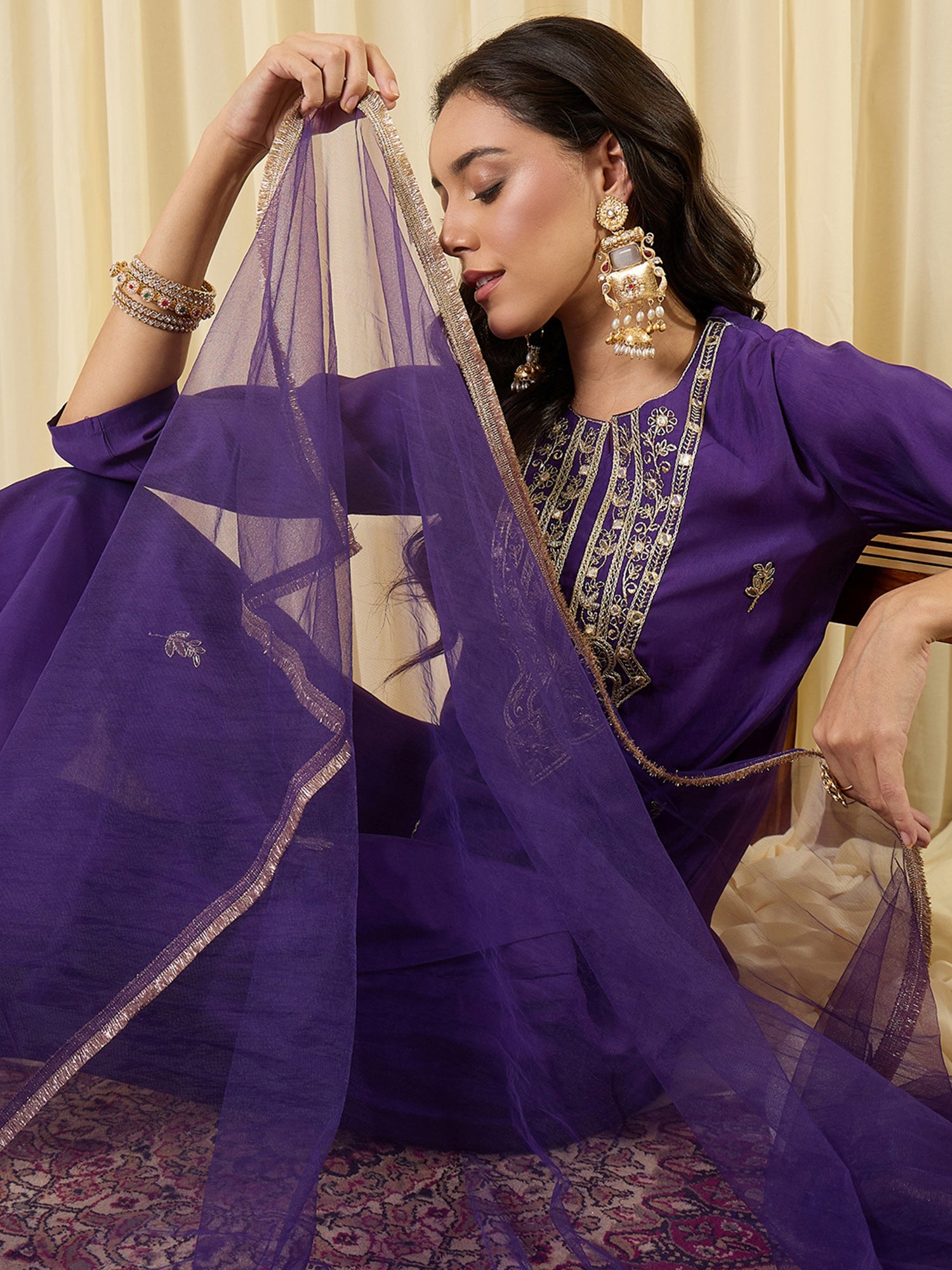 Purple Embroidered Straight Kurta Trousers With Dupatta set