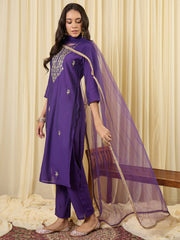 Purple Embroidered Straight Kurta Trousers With Dupatta set