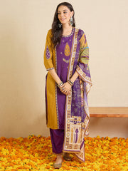 Purple Embroidered Straight Kurta Palazzos With Dupatta set