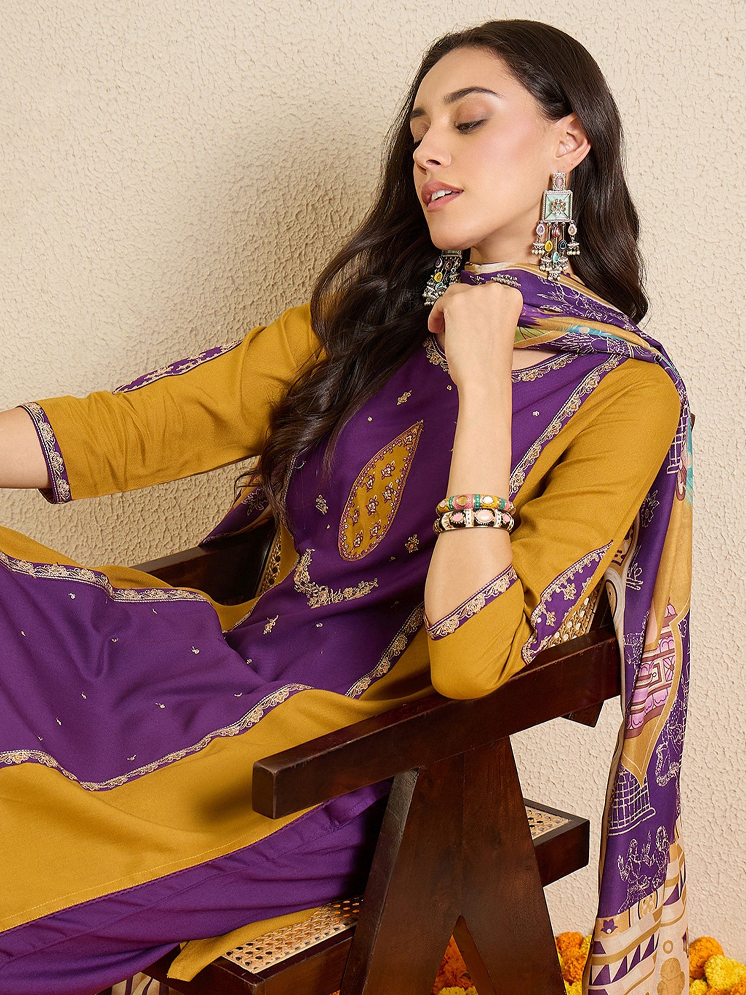 Purple Embroidered Straight Kurta Palazzos With Dupatta set