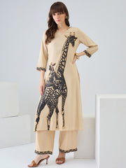 Beige Printed Straight Kurta Palazzos Set