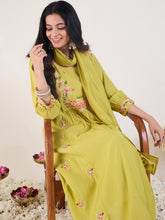 Green Embroidered A-Line Kurta Trousers With Dupatta Set