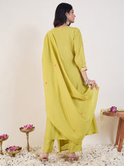 Green Embroidered A-Line Kurta Trousers With Dupatta Set