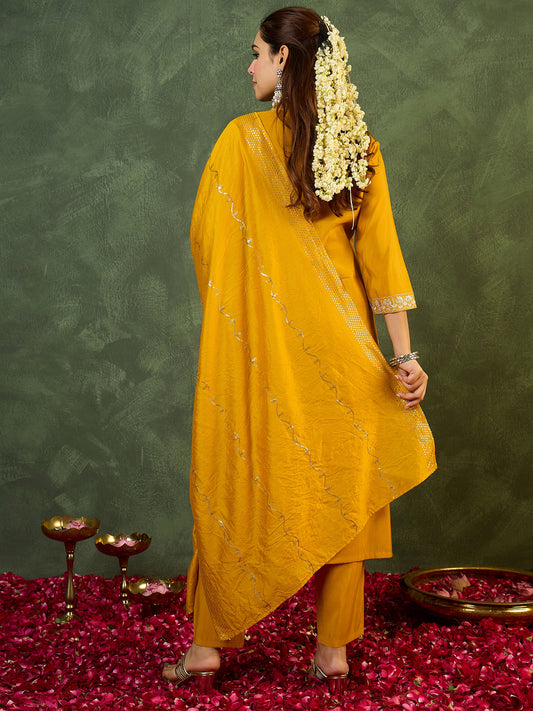 Yellow Embroidered Straight Kurta Trousers With Dupatta Set-KH9YL12418
