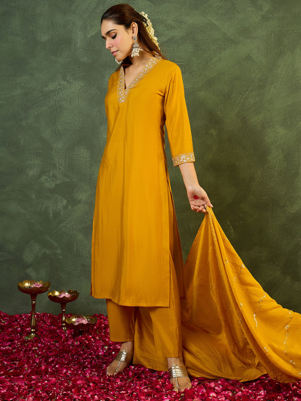 Yellow Embroidered Straight Kurta Trousers With Dupatta Set-KH9YL12418