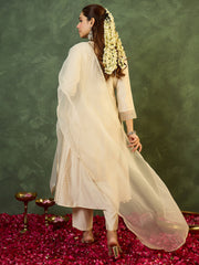 White Embroidered Straight Kurta Trousers With Dupatta Set