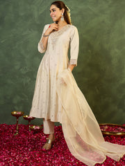 White Embroidered Straight Kurta Trousers With Dupatta Set