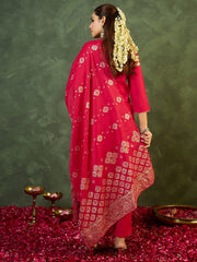 Pink Embroidered A-Line Kurta Trousers With Dupatta set