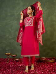 Pink Embroidered A-Line Kurta Trousers With Dupatta set