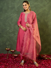 Pink Embroidered Straight Kurta Trousers With Dupatta set