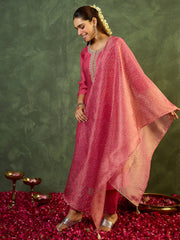 Pink Embroidered Straight Kurta Trousers With Dupatta set