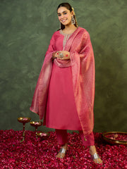 Pink Embroidered Straight Kurta Trousers With Dupatta set