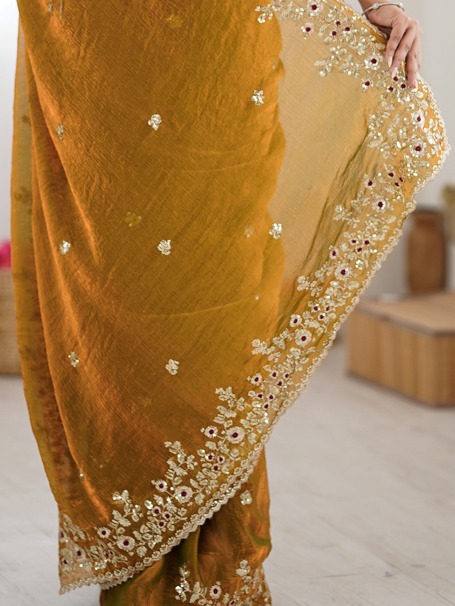 Women's Chiffon Gold Embellished Designer Saree With Blouse Piece