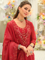Red Embroidered Straight Kurta Trousers With Dupatta set
