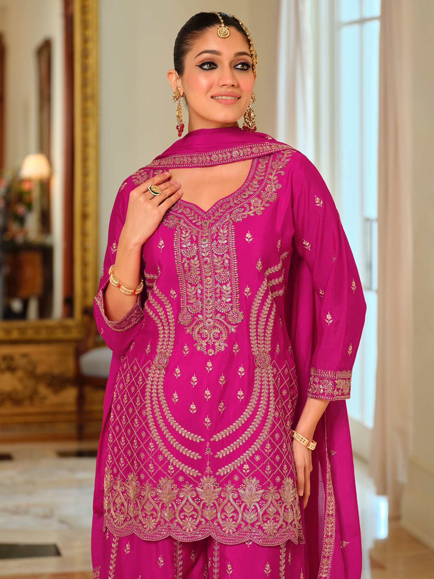 Pink Embroidered Straight Kurta Palazzos With Dupatta set