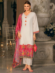 White Embroidered Straight Kurta Trousers With Dupatta set