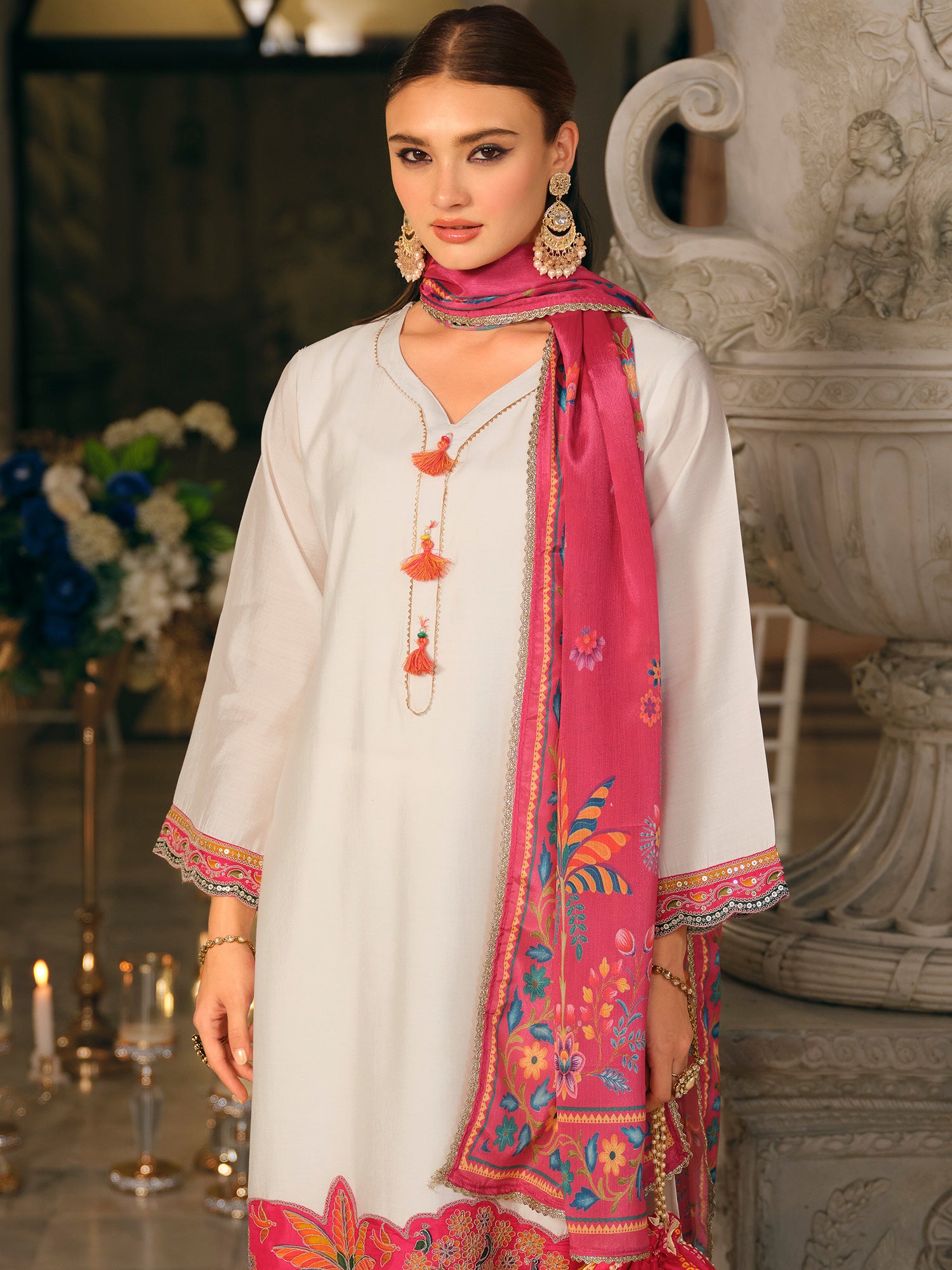 White Embroidered Straight Kurta Trousers With Dupatta set