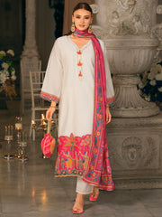 White Embroidered Straight Kurta Trousers With Dupatta set