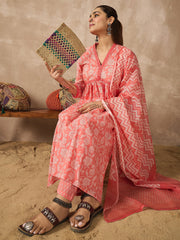 Peach Printed A-Line Kurta Trousers With Dupatta Set