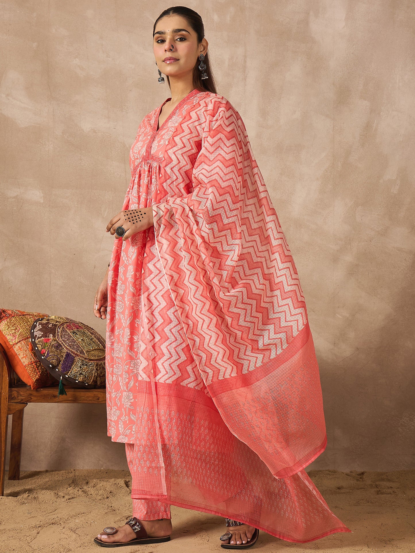 Peach Printed A-Line Kurta Trousers With Dupatta Set