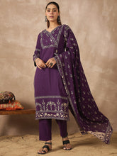 Purple Printed Straight Kurta Trousers With Dupatta set