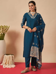 Navy Blue Embroidered Straight Kurta Trousers With Dupatta Set