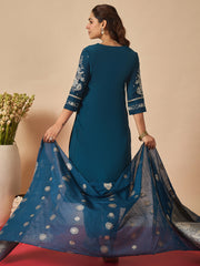 Navy Blue Embroidered Straight Kurta Trousers With Dupatta Set