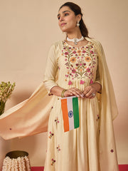 Cream Embroidered A-Line Kurta Trousers With Dupatta Set