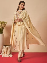 Cream Embroidered A-Line Kurta Trousers With Dupatta Set