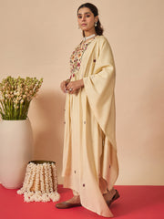 Cream Embroidered A-Line Kurta Trousers With Dupatta Set