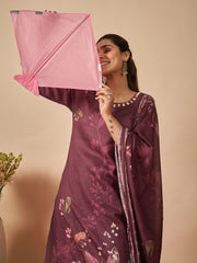Burgundy Printed Straight Kurta Trousers With Dupatta set