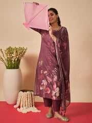 Burgundy Printed Straight Kurta Trousers With Dupatta set
