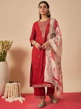 Rust Embroidered Straight Kurta Palazzos With Dupatta set