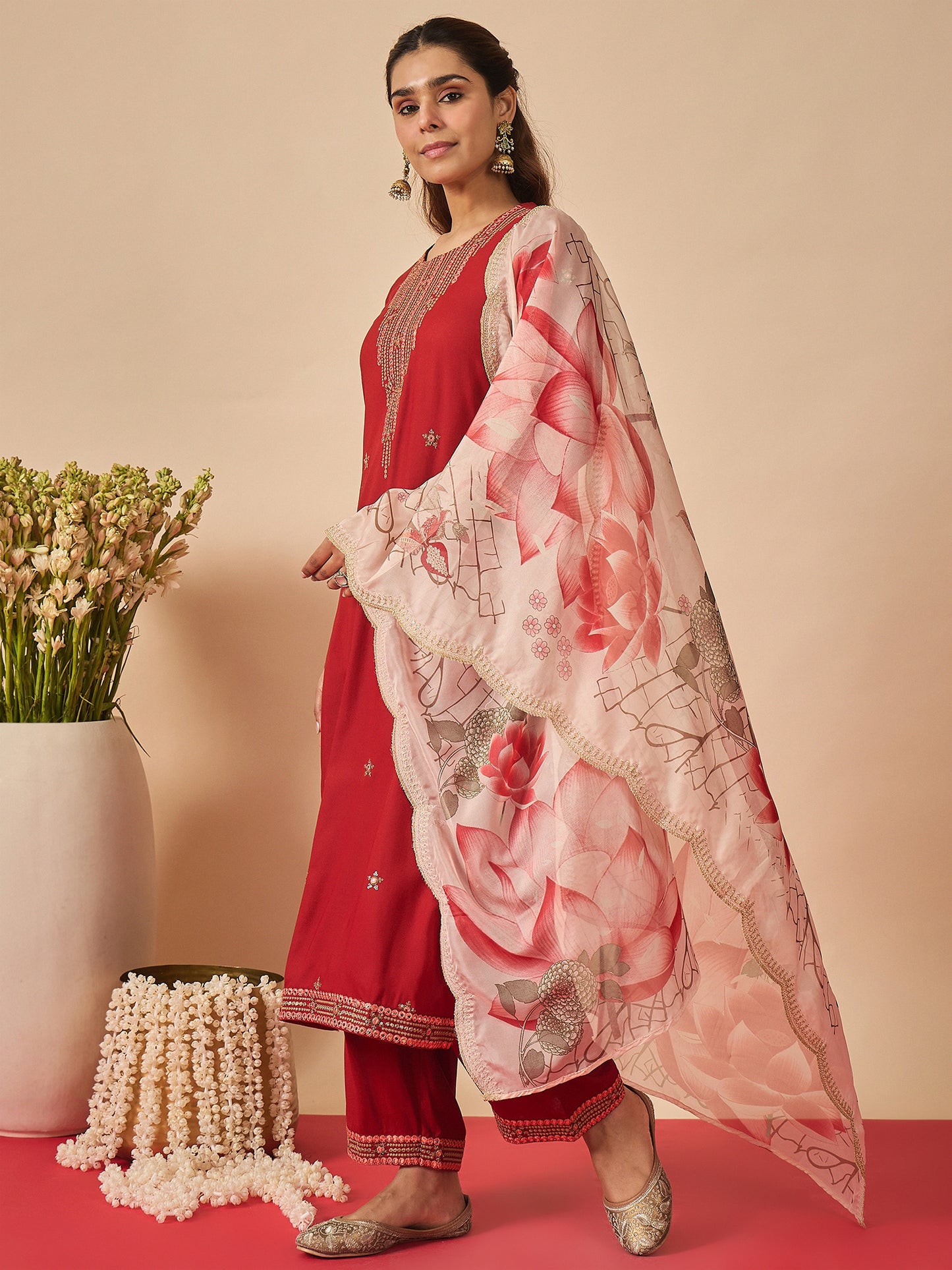 Rust Embroidered Straight Kurta Palazzos With Dupatta set