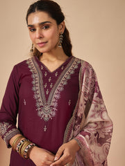 Burgundy Embroidered Straight Kurta Salwar With Dupatta set