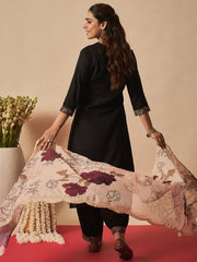 Black Embroidered Straight Kurta Salwar With Dupatta set
