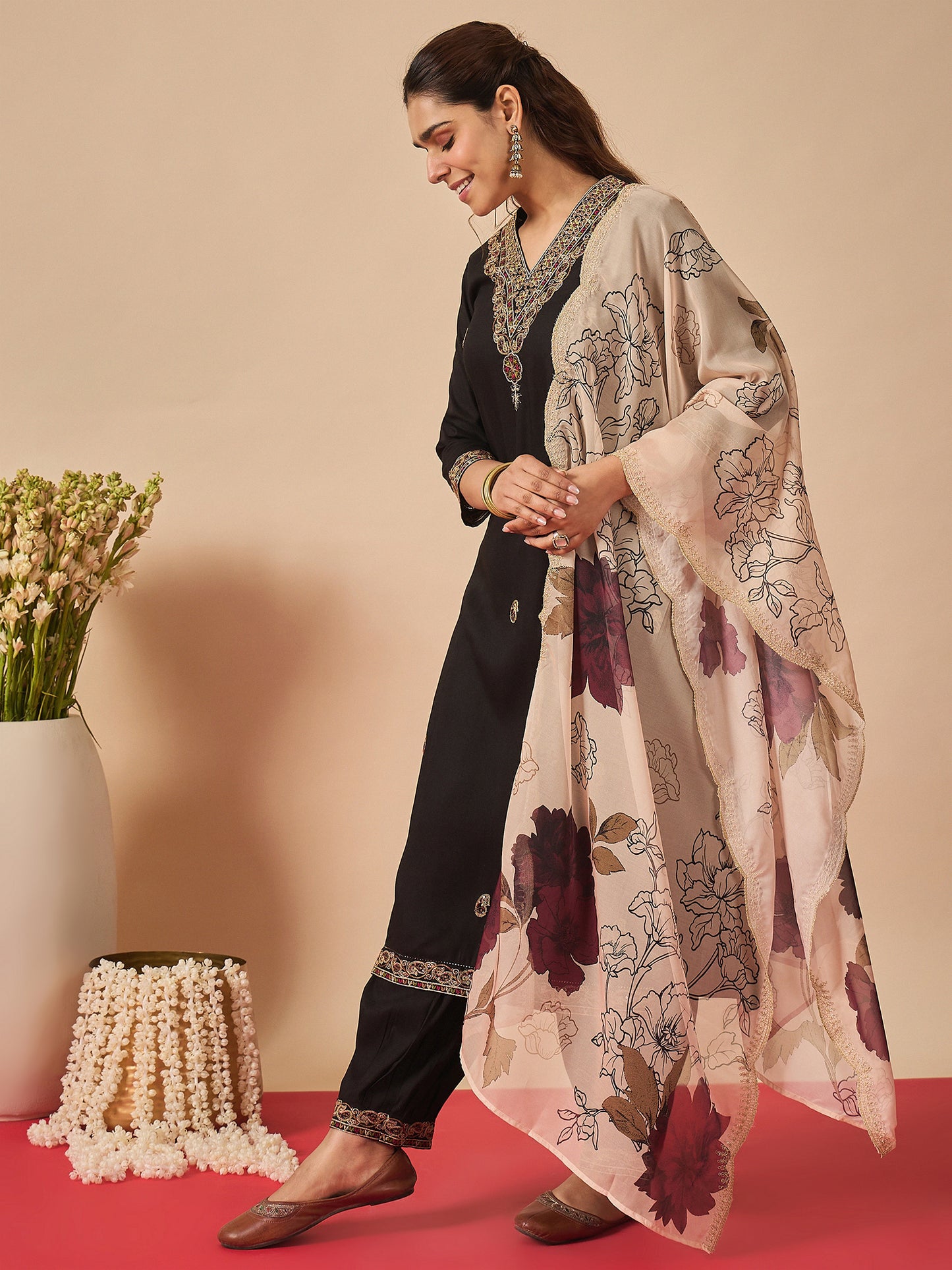 Black Embroidered Straight Kurta Salwar With Dupatta set