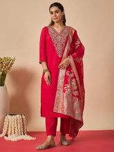 Pink Embroidered Straight Kurta Trousers With Dupatta set