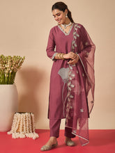 Mauve Embroidered Straight Kurta Trousers With Dupatta set